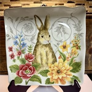 Maxcera 11" Spring Collection Easter Bunny Rabbit Floral Ceramic Square Plate